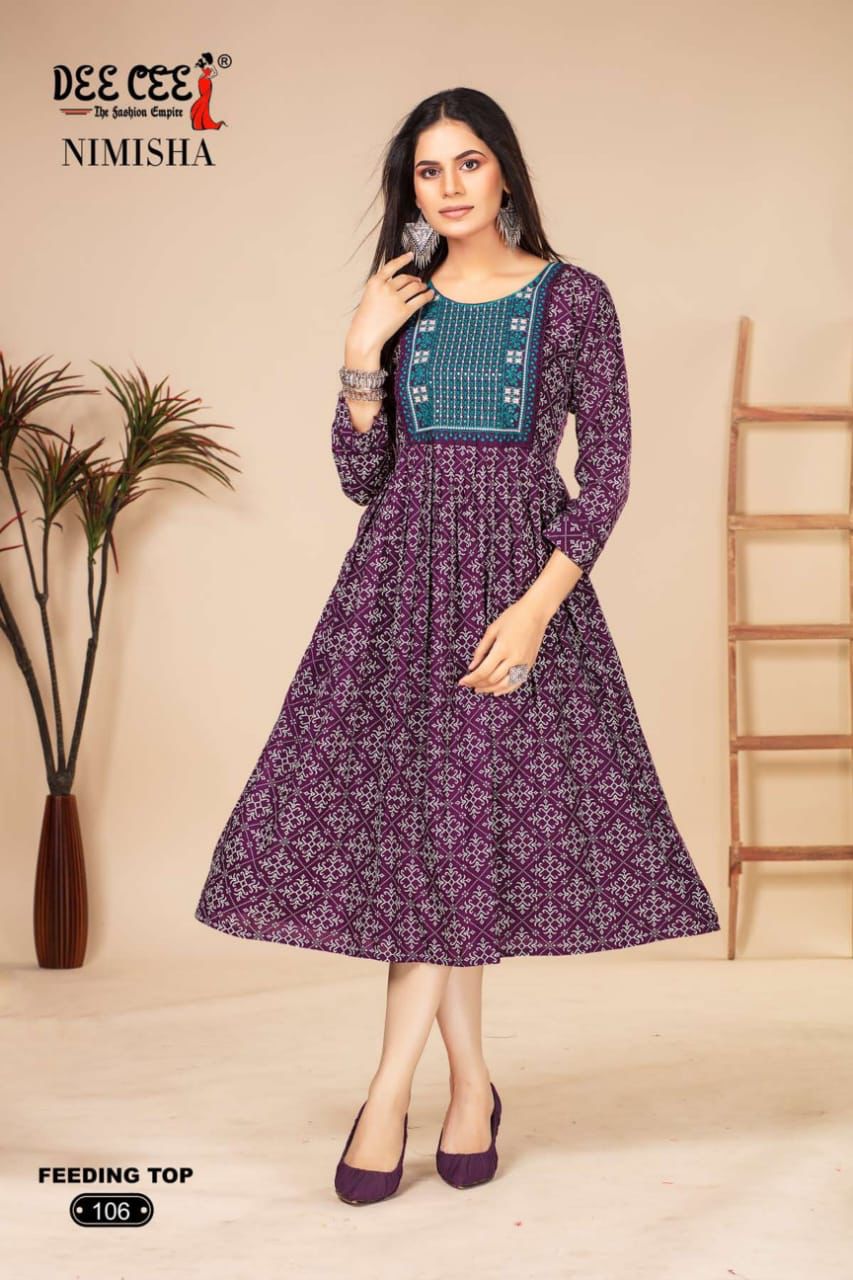 Nimisha By Deecee Rayon Printed Long Flaired Feeding Kurti Wholesale Shop In Surat
